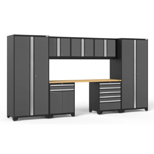 NEWAGE Pro Series 8 Piece Cabinet Set with Wall, Tool Drawer, Multi-Function Cabinet, Lockers and 84 in. Worktop