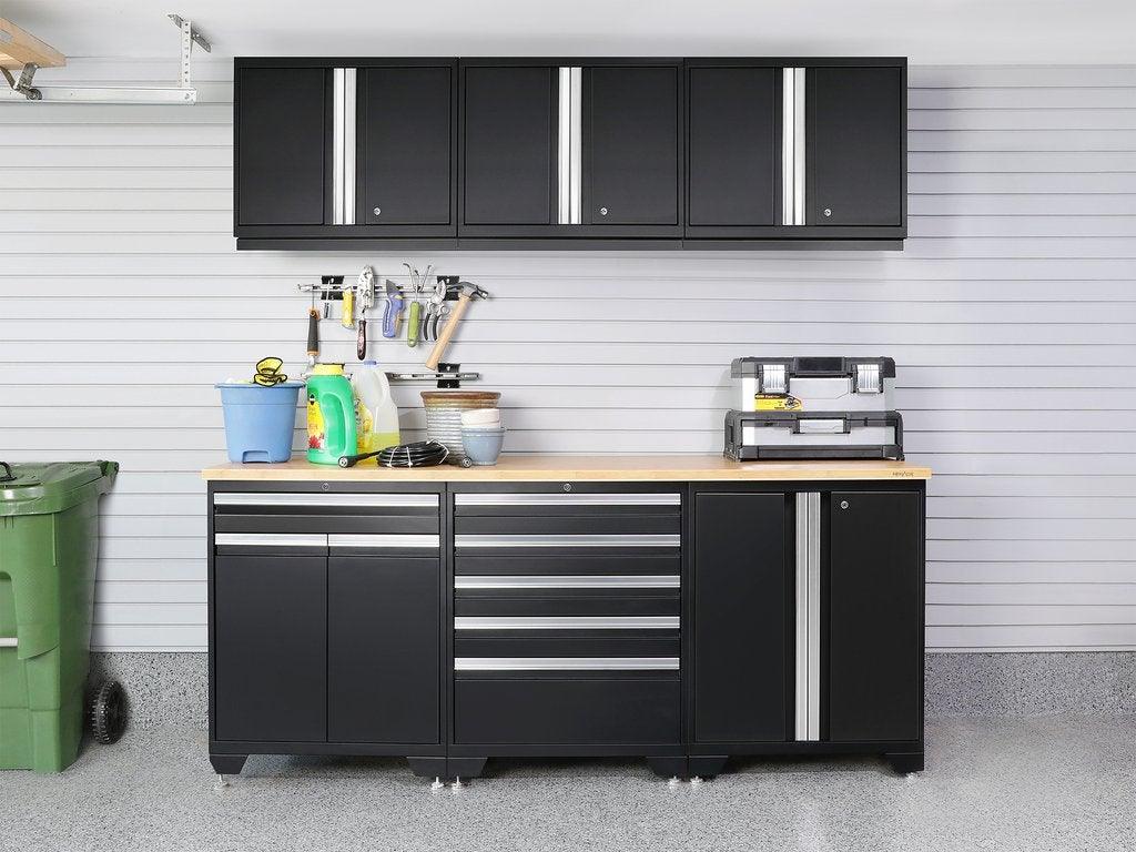NEWAGE Pro Series 7 Piece Cabinet Set with Base, Wall, Tool Drawer Cabinet, Lockers and 56 in. Worktop