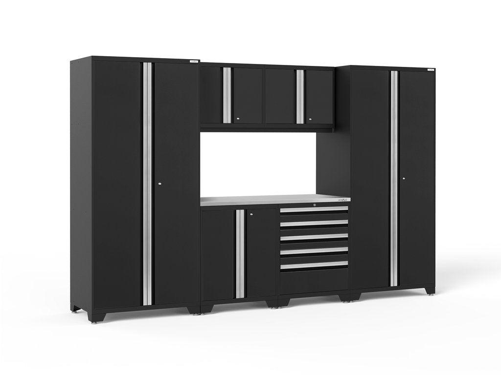 NEWAGE Pro Series 7 Piece Cabinet Set with Base, Wall, Tool Drawer Cabinet, Lockers and 56 in. Worktop