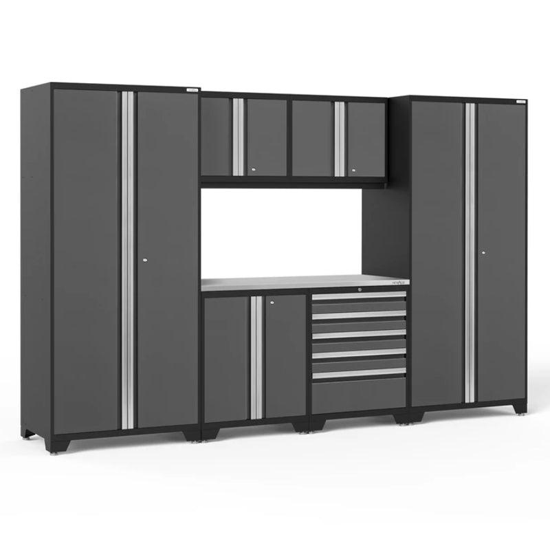 NEWAGE Pro Series 7 Piece Cabinet Set with Base, Wall, Tool Drawer Cabinet, Lockers and 56 in. Worktop