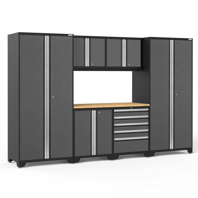 NEWAGE Pro Series 7 Piece Cabinet Set with Base, Wall, Tool Drawer Cabinet, Lockers and 56 in. Worktop