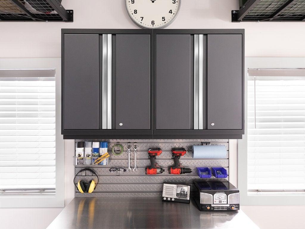 NEWAGE Pro Series 7 Piece Cabinet Set with Base, Wall, Tool Drawer Cabinet, Lockers and 56 in. Worktop