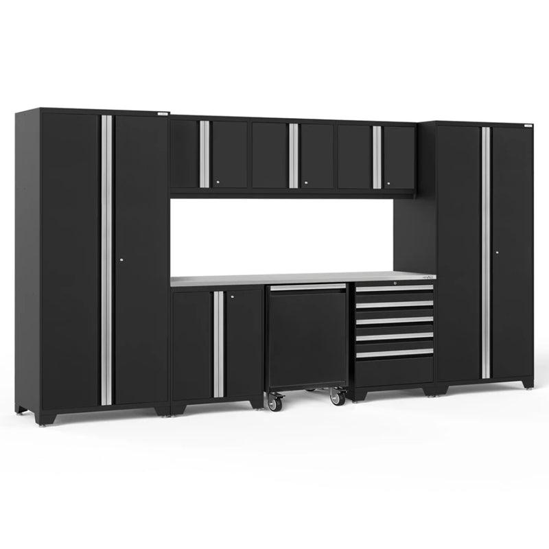 NEWAGE Pro Series 9 Piece Cabinet Set with Wall, Base, Tool Drawer, Multi-Function Cabinet, Lockers, and 84 in. Worktop