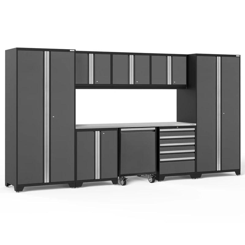 NEWAGE Pro Series 9 Piece Cabinet Set with Wall, Base, Tool Drawer, Multi-Function Cabinet, Lockers, and 84 in. Worktop