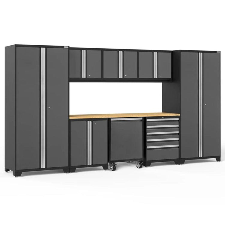 NEWAGE Pro Series 9 Piece Cabinet Set with Wall, Base, Tool Drawer, Multi-Function Cabinet, Lockers, and 84 in. Worktop