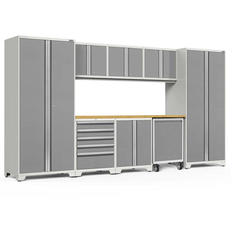 NEWAGE Pro Series 9 Piece Cabinet Set with Wall, Base, Tool Drawer, Multi-Function Cabinet, Lockers, and 84 in. Worktop