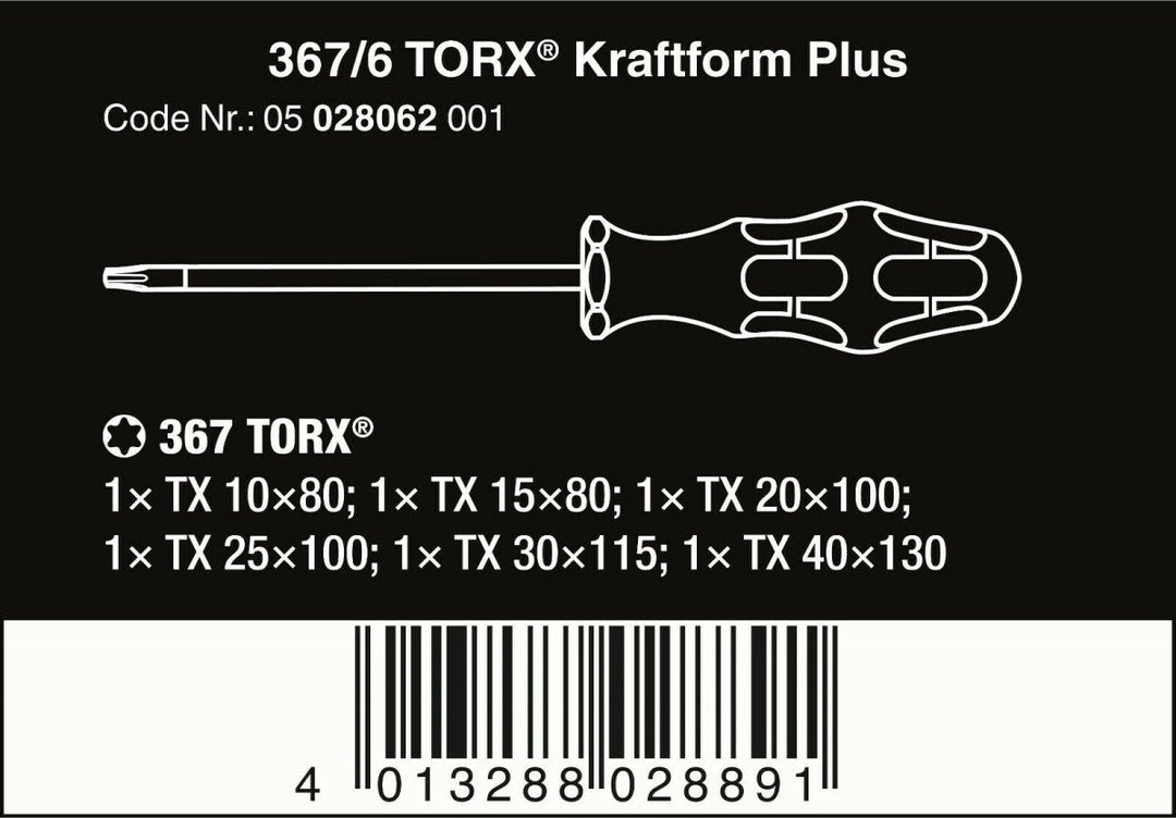Wera 367/6 Kraftform Plus TORX® Screwdriver Set With Rack 6 Piece 05028062001