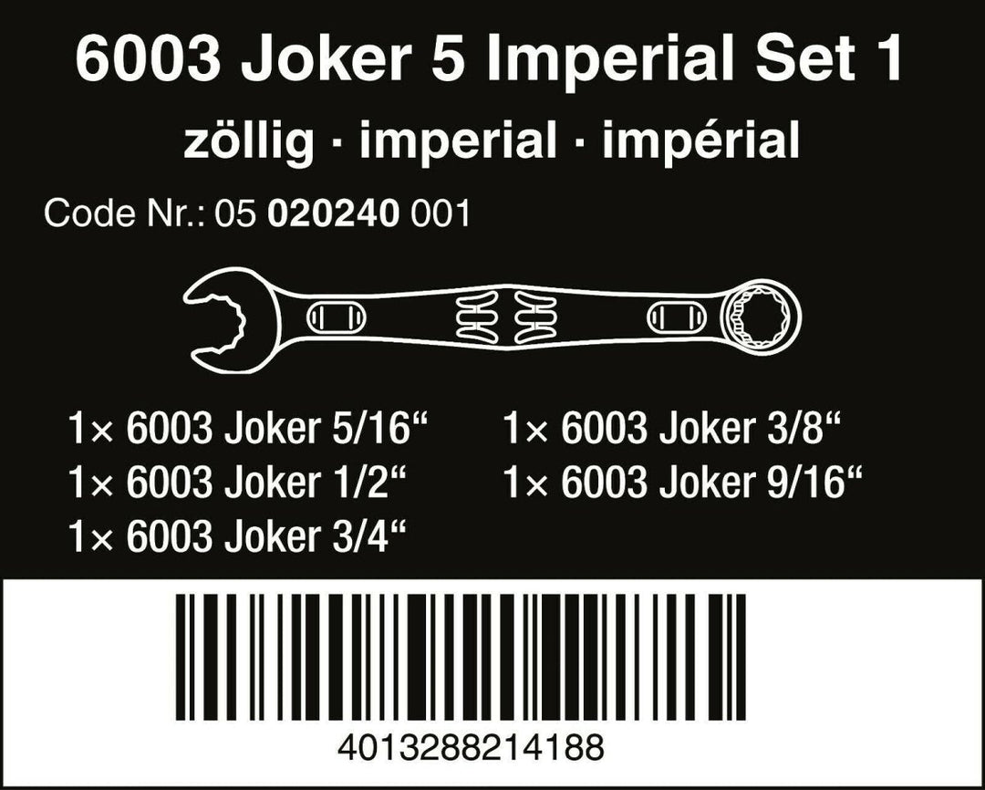 Wera 6003 Joker Combination Wrench Set 5 Piece SAE 05020240001