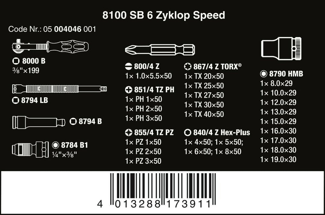 Wera 8100 SB 6 Zyklop Speed Ratchet Set 3/8" Drive Metric 29 Piece 05004046001