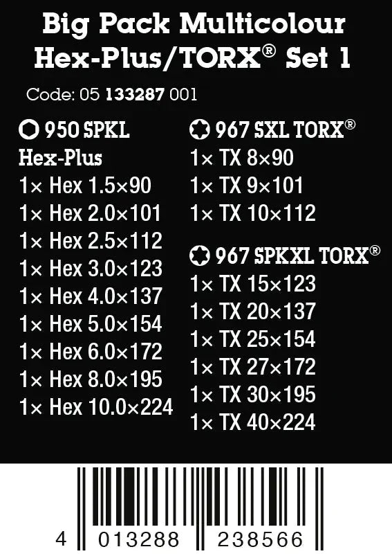 Wera Big Pack Multicolor Metric Hex-Plus & TORX L-Key Set (19-Piece) - 05133287001