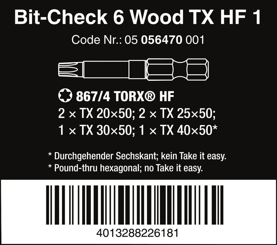 Wera Bit-Check 6 Wood TX HF 1 TORX® Bit Set 6 Pieces 05056470001