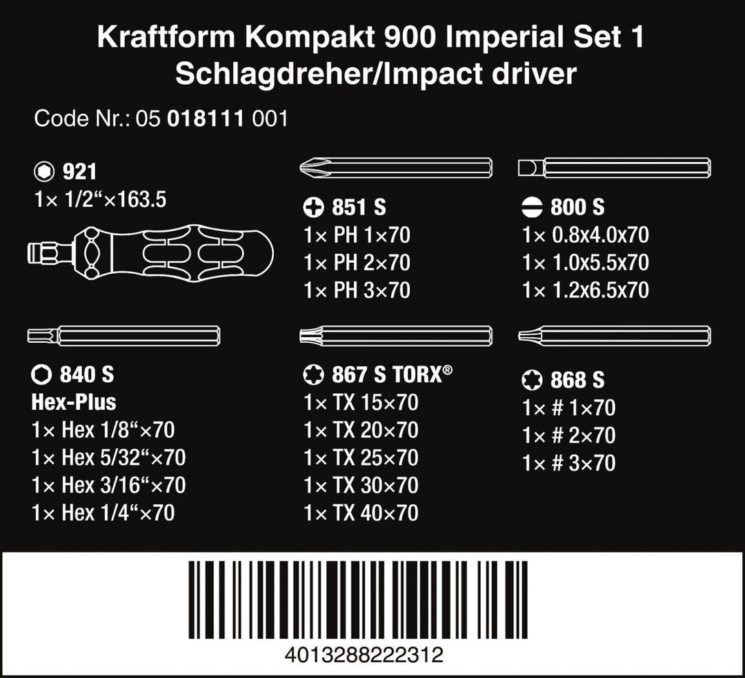 Wera Kraftform Kompakt 900 Set 1 Screwdriver Set 19 Pieces SAE 05018111001