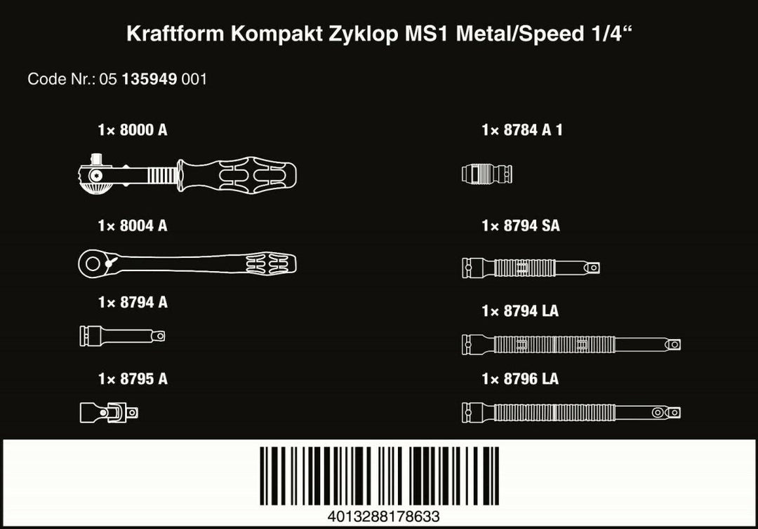 Wera Kraftform Kompakt Zyklop MS1 Metal Speed Socket Wrench Set 1/4" 05135949001